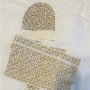 Michael Kors Gold and Cream Scarf and Beanie Accessory Set